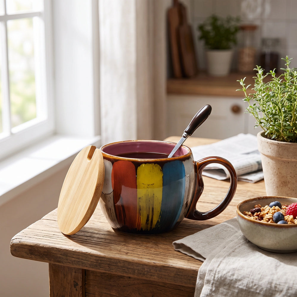 Ceramic Cup with Lid and Spoon — Pink in a home setting; styling props not included.
