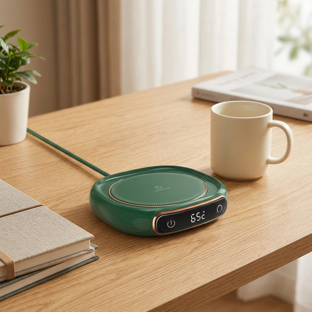 Coffee Mug Warmer Warm Coaster Smart Heating Cup Thermal Insulation Constant Temperature Coaster Heating Pad Desktop — M316 green-220V in a home setting; styling props not included. [fastbatch-24]