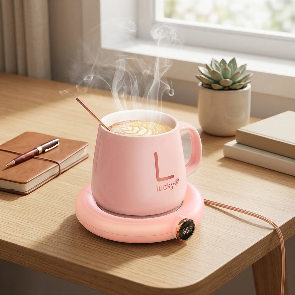 Coffee Mug Warmer Warm Coaster Smart Heating Cup Thermal Insulation Constant Temperature Coaster Heating Pad Desktop — M306 Pink-USB in a home setting; styling props not included. [fastbatch-25]