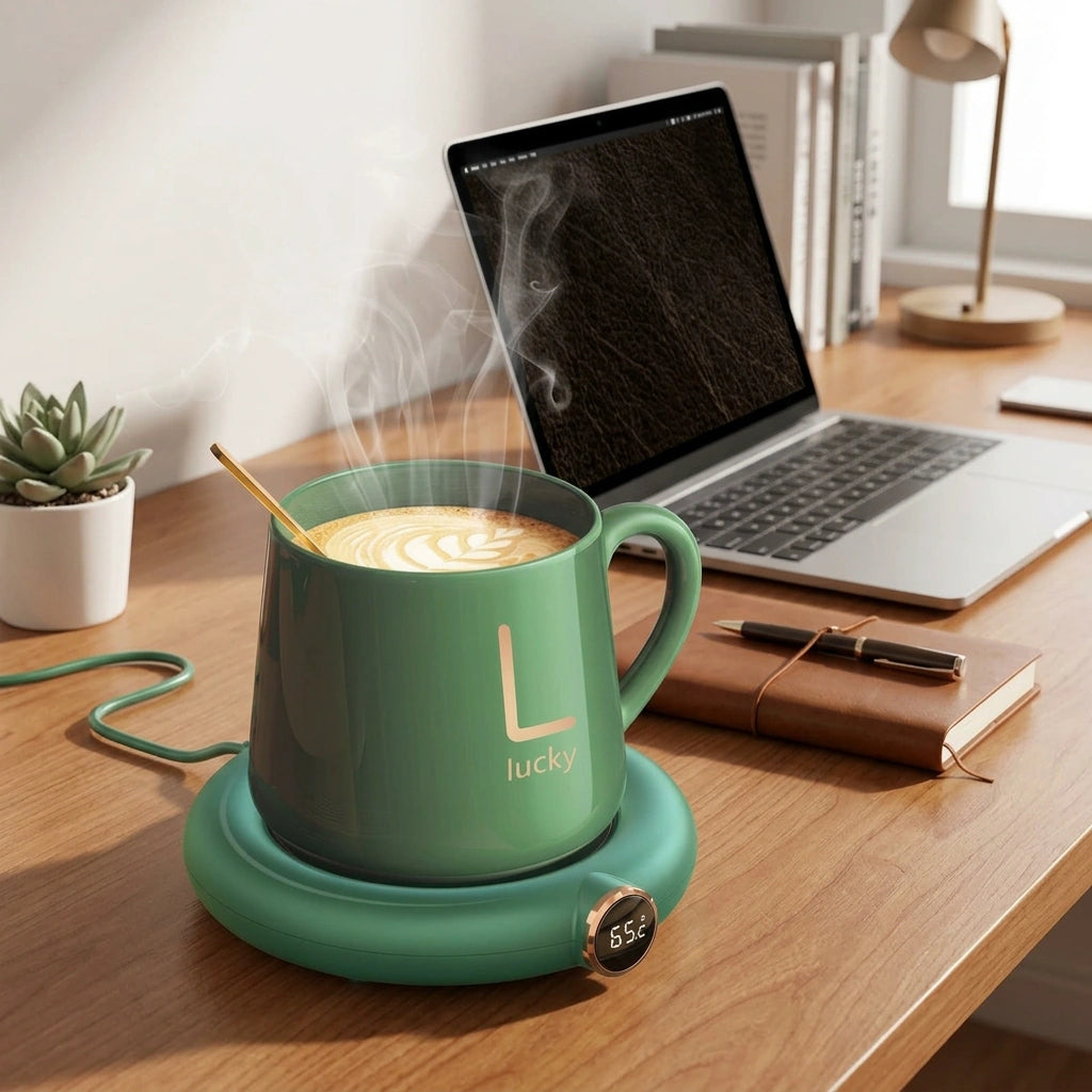 Coffee Mug Warmer Warm Coaster Smart Heating Cup Thermal Insulation Constant Temperature Coaster Heating Pad Desktop — M306 green-USB in a home setting; styling props not included. [fastbatch-26]