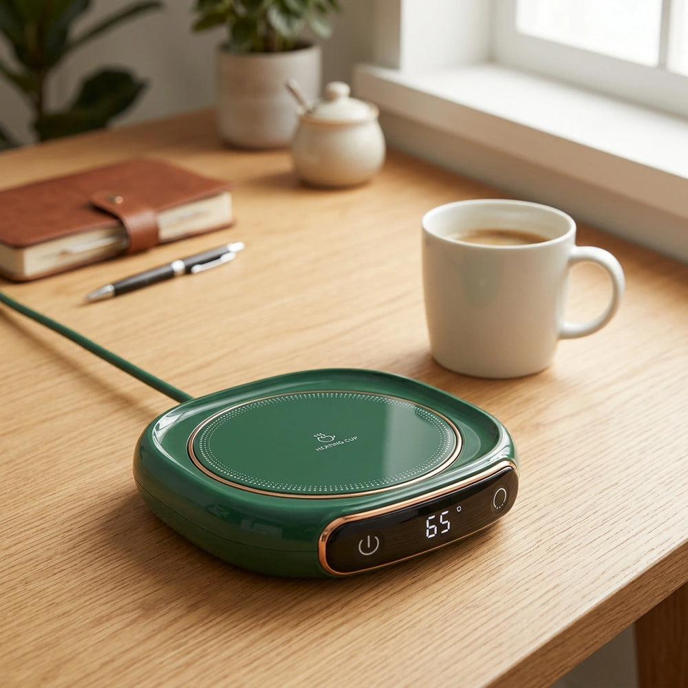 Coffee Mug Warmer Warm Coaster Smart Heating Cup Thermal Insulation Constant Temperature Coaster Heating Pad Desktop — M316 green-EU in a home setting; styling props not included. [fastbatch-28]