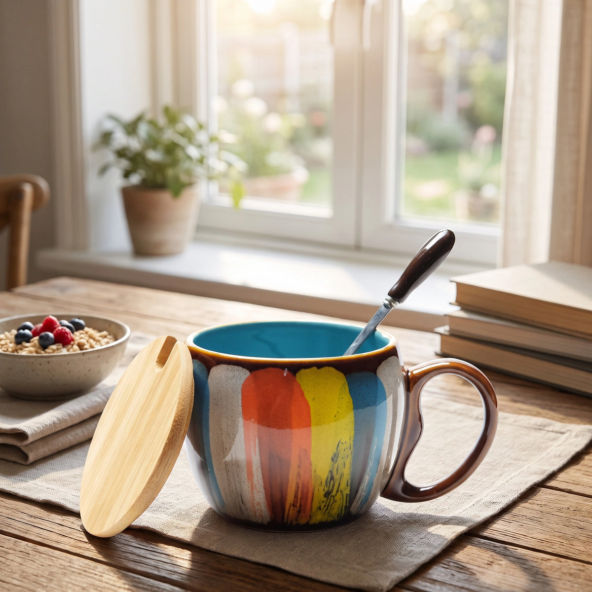 Ceramic Cup with Lid and Spoon — Blue in a home setting; styling props not included.