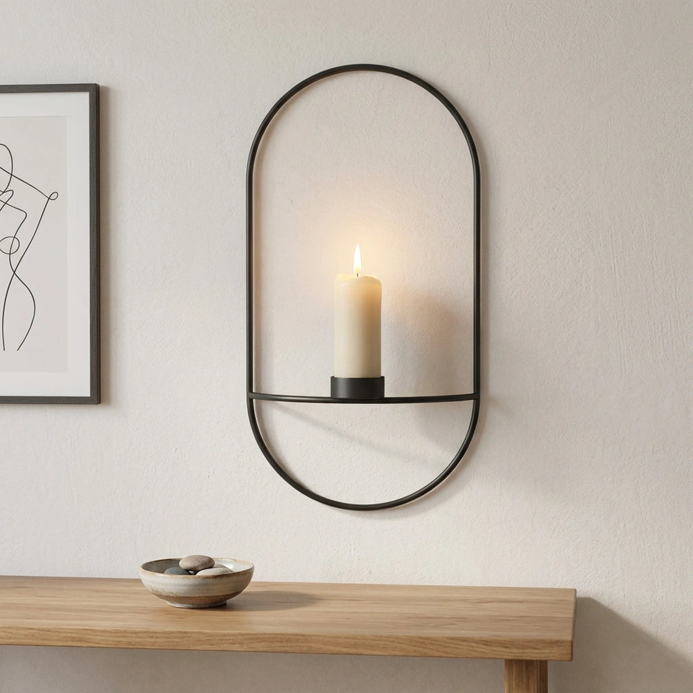 3D Metal Candle Holder Geometric Round Candlestick Wall Mounted Crafts Wedding Table Home Deco Party Festival Decoration Gifts — Black-A in a home setting; styling props not included. [fastbatch-30]