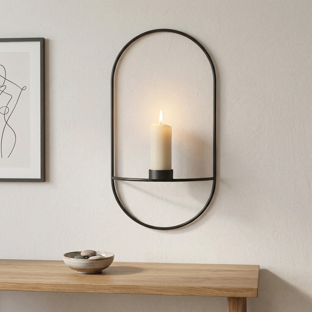 3D Metal Candle Holder Geometric Round Candlestick Wall Mounted Crafts Wedding Table Home Deco Party Festival Decoration Gifts — Black-A in a home setting; styling props not included. [fastbatch-30]