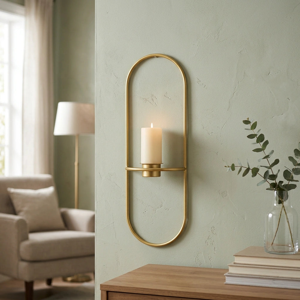 3D Metal Candle Holder Geometric Round Candlestick Wall Mounted Crafts Wedding Table Home Deco Party Festival Decoration Gifts — Golden-A in a home setting; styling props not included. [fastbatch-32]