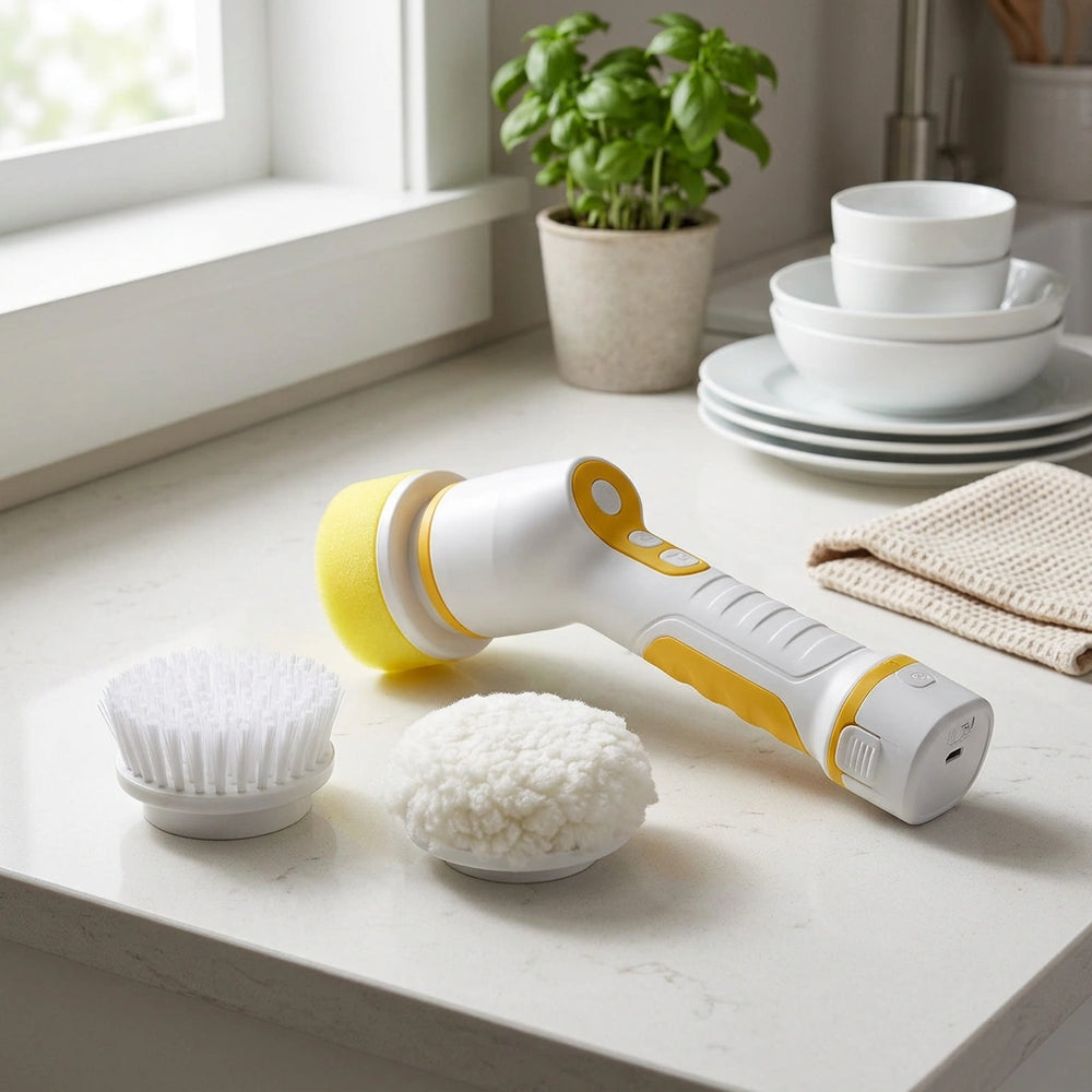 Kitchen Supplies Multifunctional Brush Electric Scrubber Rechargeable Dishwashing Brush Automatic Range Hood Stove — Set of 3brush heads in a home setting; styling props not included. [fastbatch-33]