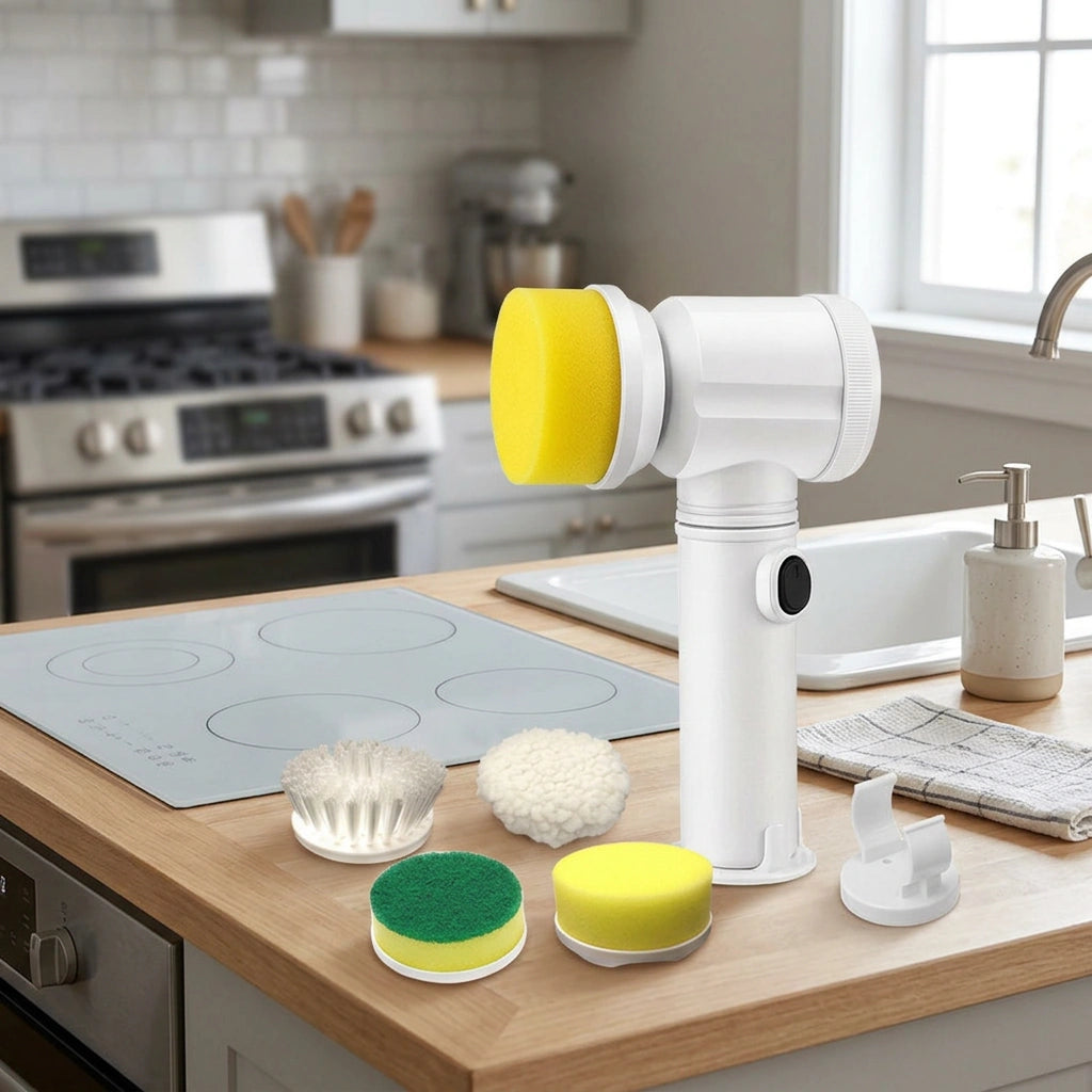 Kitchen Supplies Multifunctional Brush Electric Scrubber Rechargeable Dishwashing Brush Automatic Range Hood Stove — Battery 4brush heads in a home setting; styling props not included. [fastbatch-34]