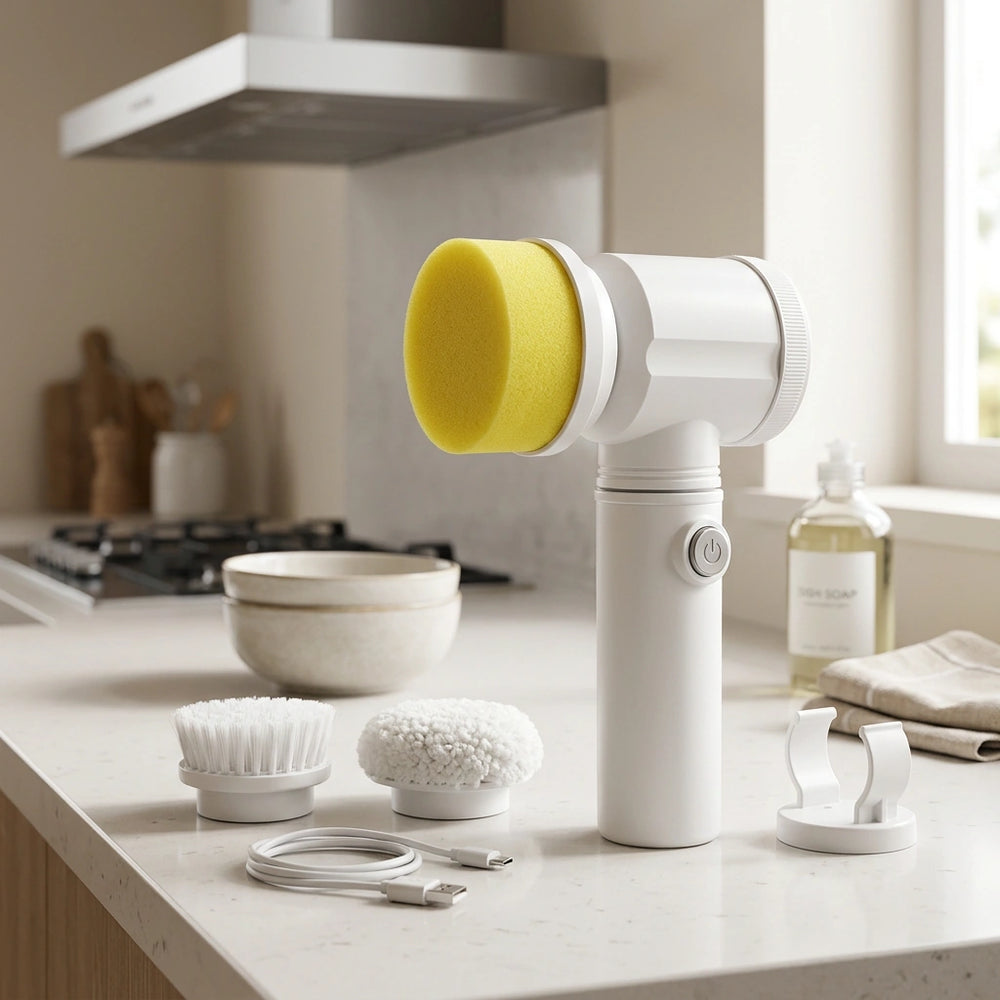 Kitchen Supplies Multifunctional Brush Electric Scrubber Rechargeable Dishwashing Brush Automatic Range Hood Stove — Charge 3brush heads in a home setting; styling props not included. [fastbatch-35]