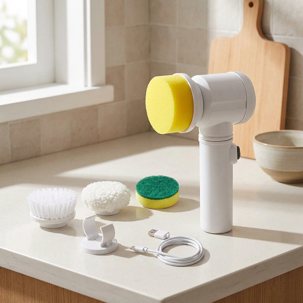 Kitchen Supplies Multifunctional Brush Electric Scrubber Rechargeable Dishwashing Brush Automatic Range Hood Stove — Charge 4brush heads in a home setting; styling props not included. [fastbatch-36]
