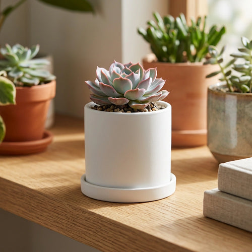 Nordic Industrial Style Colorful Ceramic Flowerpot Succulent Planter Green Plants Cylindrical Shape Flower Pot With Hole Tray — White-9X9X9 in a home setting; styling props not included. [fastbatch-38]