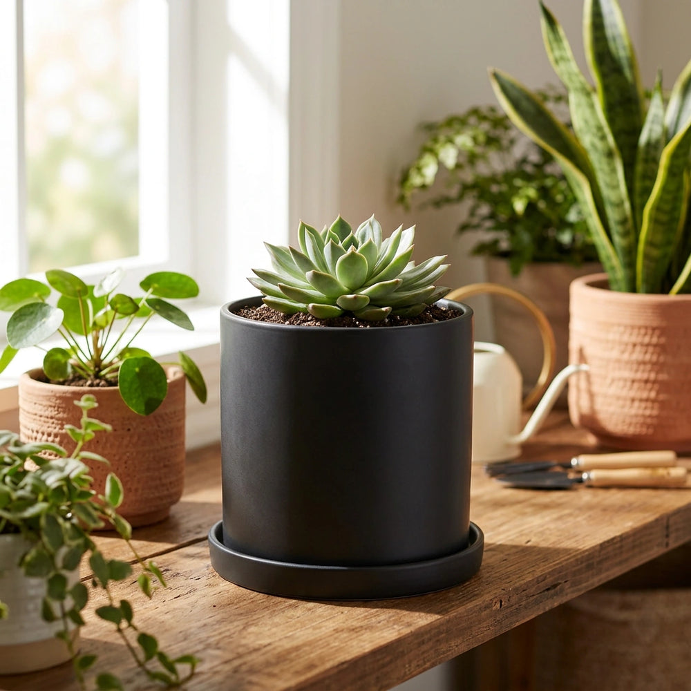 Nordic Industrial Style Colorful Ceramic Flowerpot Succulent Planter Green Plants Cylindrical Shape Flower Pot With Hole Tray — Black-9X9X9 in a home setting; styling props not included. [fastbatch-39]