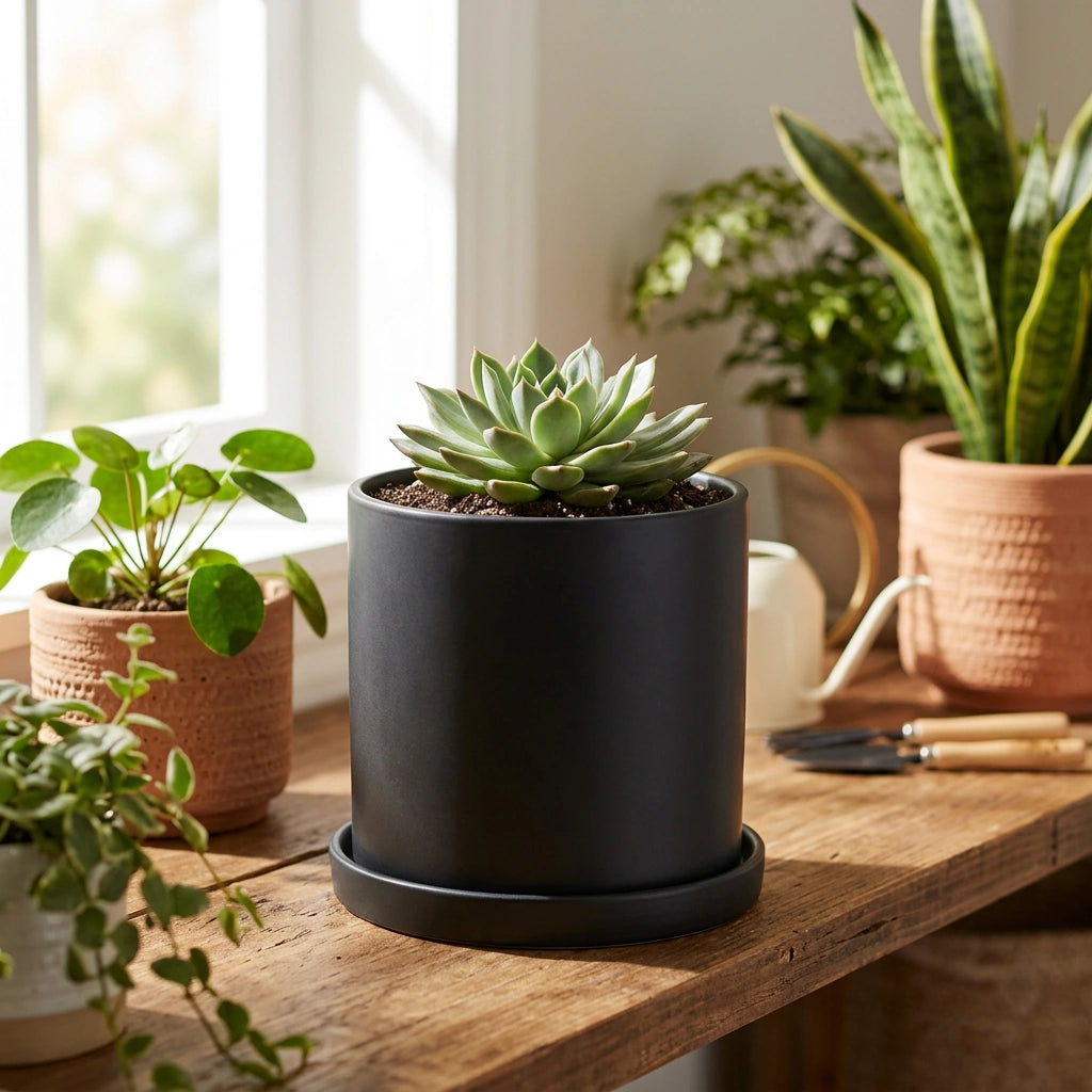 Nordic Industrial Style Colorful Ceramic Flowerpot Succulent Planter Green Plants Cylindrical Shape Flower Pot With Hole Tray — Black-9X9X9 in a home setting; styling props not included. [fastbatch-39]