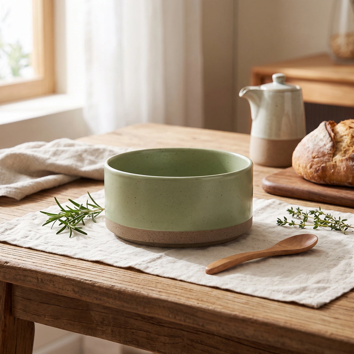 Solid-Color Ceramic Bowls and Plates — Cyan-4.8inches in a home setting; styling props not included.