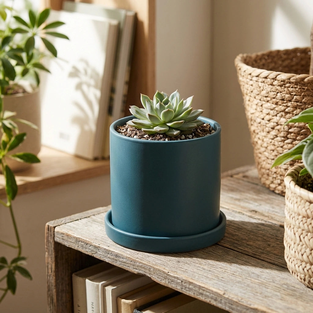 Nordic Industrial Style Colorful Ceramic Flowerpot Succulent Planter Green Plants Cylindrical Shape Flower Pot With Hole Tray — Dark green-9X9X9 in a home setting; styling props not included. [fastbatch-41]