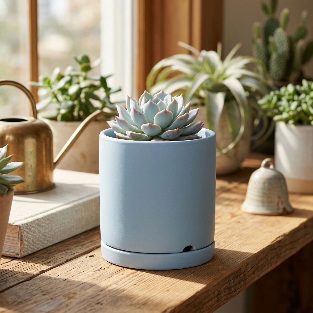 Nordic Industrial Style Colorful Ceramic Flowerpot Succulent Planter Green Plants Cylindrical Shape Flower Pot With Hole Tray — Light Blue-9X9X9 in a home setting; styling props not included. [fastbatch-42]