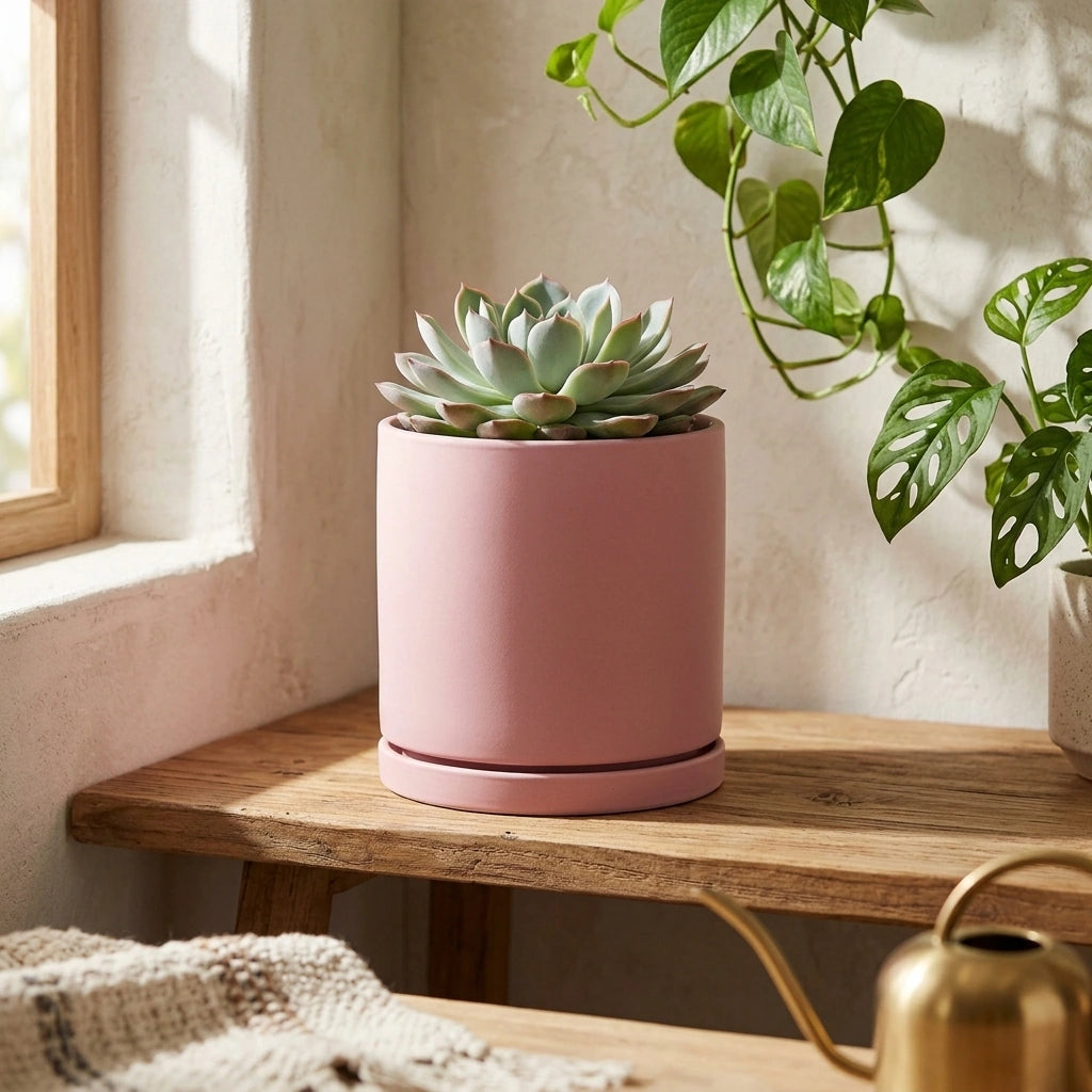 Nordic Industrial Style Colorful Ceramic Flowerpot Succulent Planter Green Plants Cylindrical Shape Flower Pot With Hole Tray — Pink-9X9X9 in a home setting; styling props not included. [fastbatch-43]