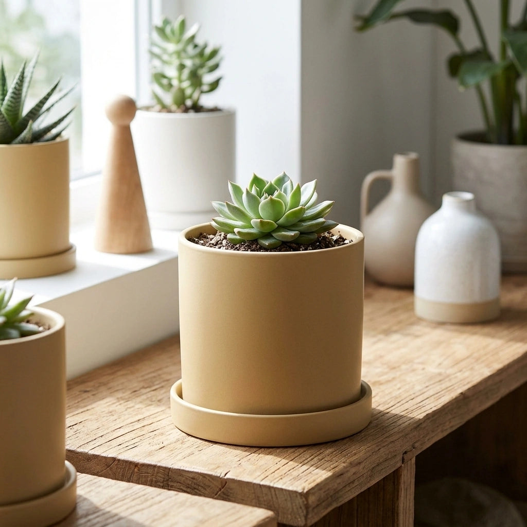 Nordic Industrial Style Colorful Ceramic Flowerpot Succulent Planter Green Plants Cylindrical Shape Flower Pot With Hole Tray — Khaki-9X9X9 in a home setting; styling props not included. [fastbatch-44]