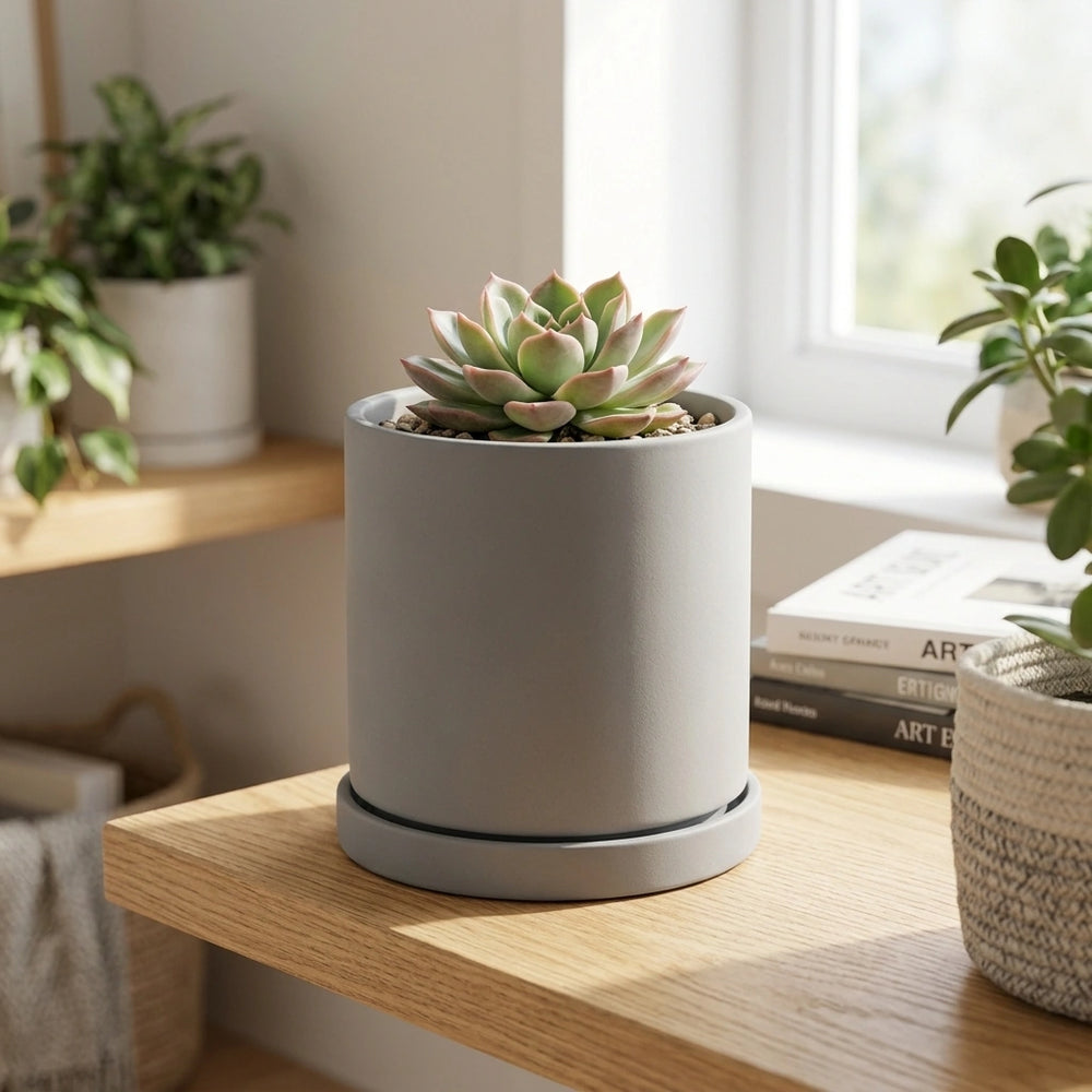 Nordic Industrial Style Colorful Ceramic Flowerpot Succulent Planter Green Plants Cylindrical Shape Flower Pot With Hole Tray — Grey-9X9X9 in a home setting; styling props not included. [fastbatch-45]