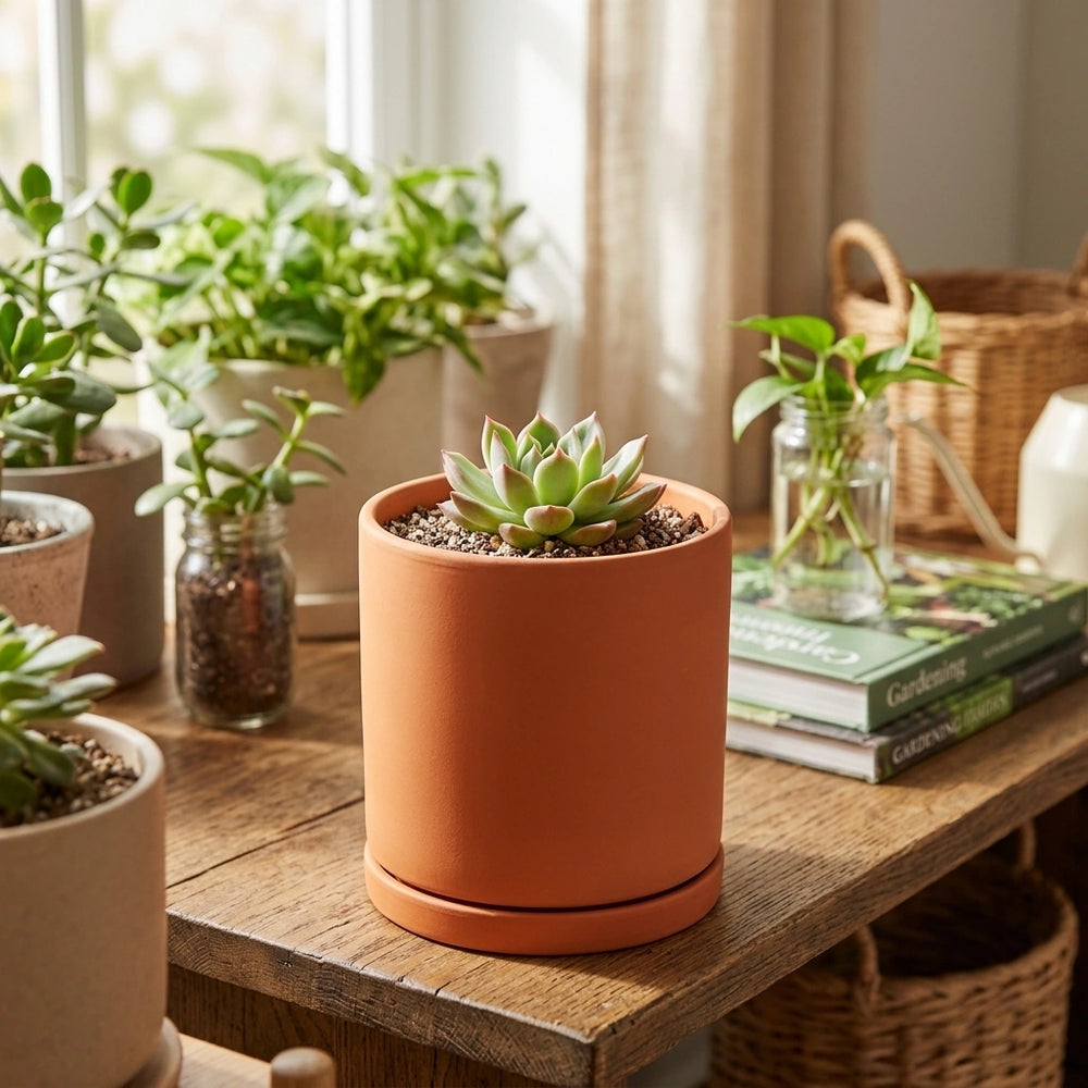 Nordic Industrial Style Colorful Ceramic Flowerpot Succulent Planter Green Plants Cylindrical Shape Flower Pot With Hole Tray — Orange-9X9X9 in a home setting; styling props not included. [fastbatch-46]