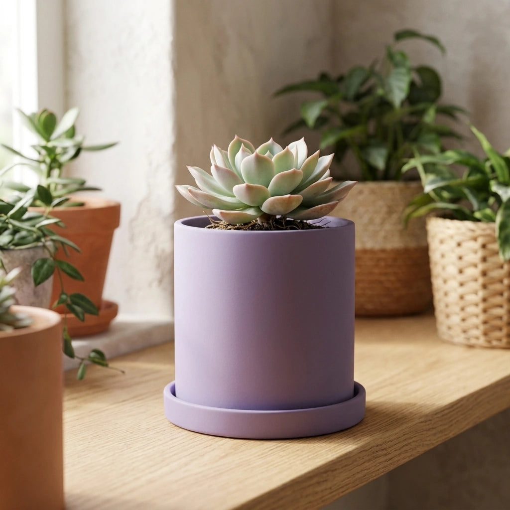 Nordic Industrial Style Colorful Ceramic Flowerpot Succulent Planter Green Plants Cylindrical Shape Flower Pot With Hole Tray — Purple-9X9X9 in a home setting; styling props not included. [fastbatch-47]