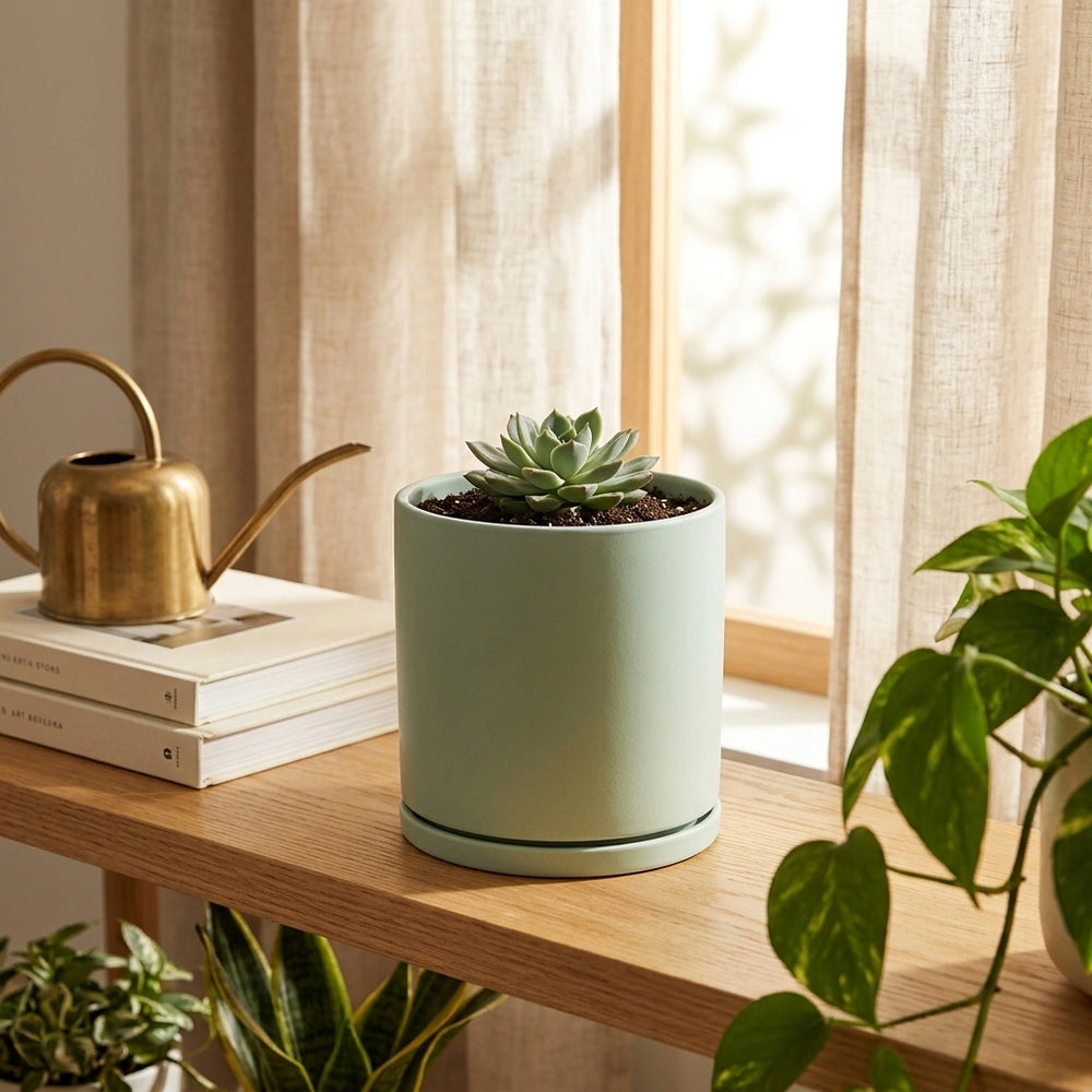 Nordic Industrial Style Colorful Ceramic Flowerpot Succulent Planter Green Plants Cylindrical Shape Flower Pot With Hole Tray — Green-9X9X9 in a home setting; styling props not included. [fastbatch-48]