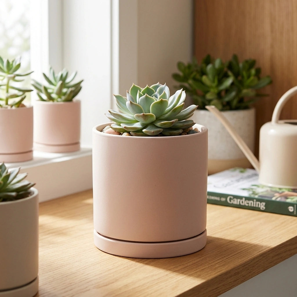 Nordic Industrial Style Colorful Ceramic Flowerpot Succulent Planter Green Plants Cylindrical Shape Flower Pot With Hole Tray — Light pink-9X9X9 in a home setting; styling props not included. [fastbatch-49]