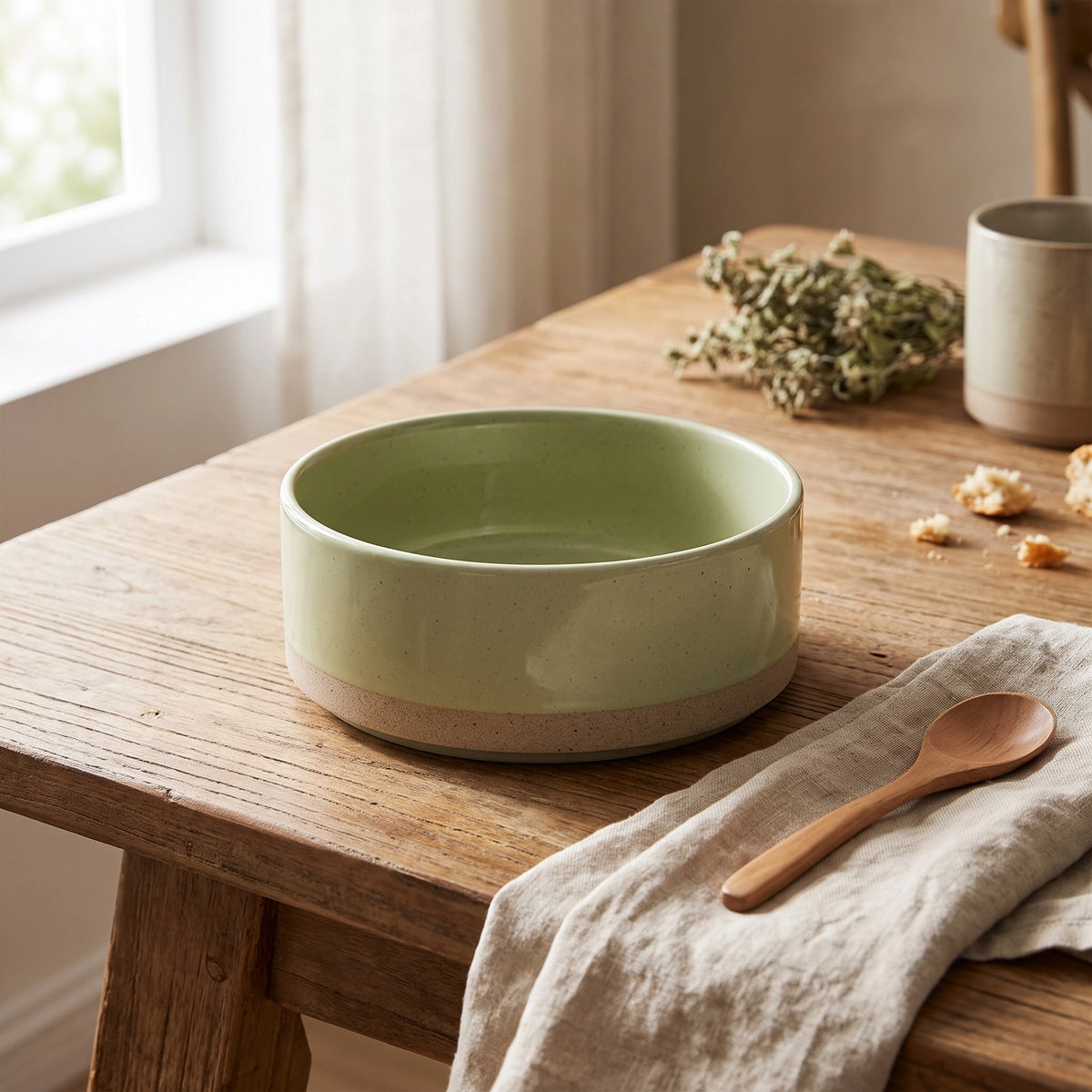 Solid-Color Ceramic Bowls and Plates — Cyan-5.7inch bowl in a home setting; styling props not included.