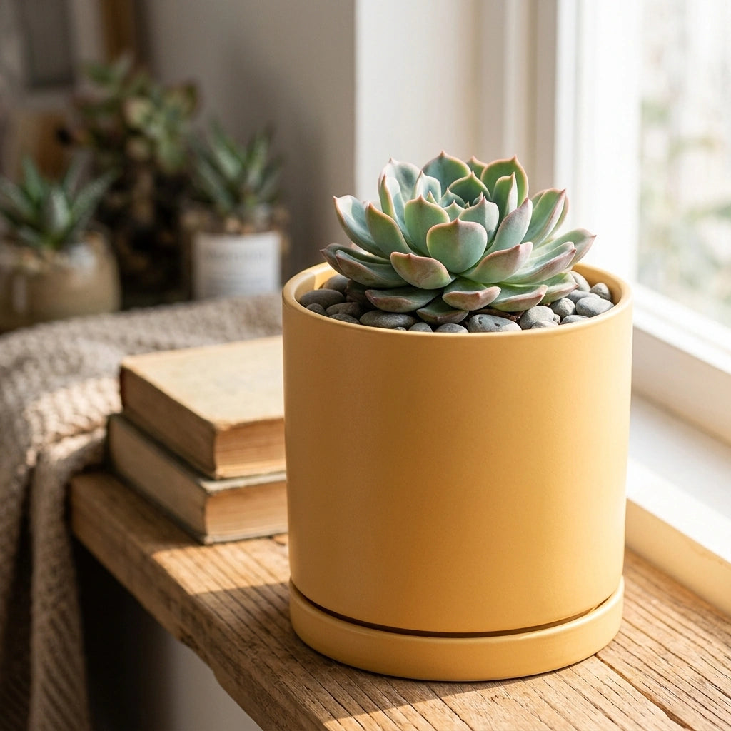 Nordic Industrial Style Colorful Ceramic Flowerpot Succulent Planter Green Plants Cylindrical Shape Flower Pot With Hole Tray — Yellow-9X9X9 in a home setting; styling props not included. [fastbatch-50]