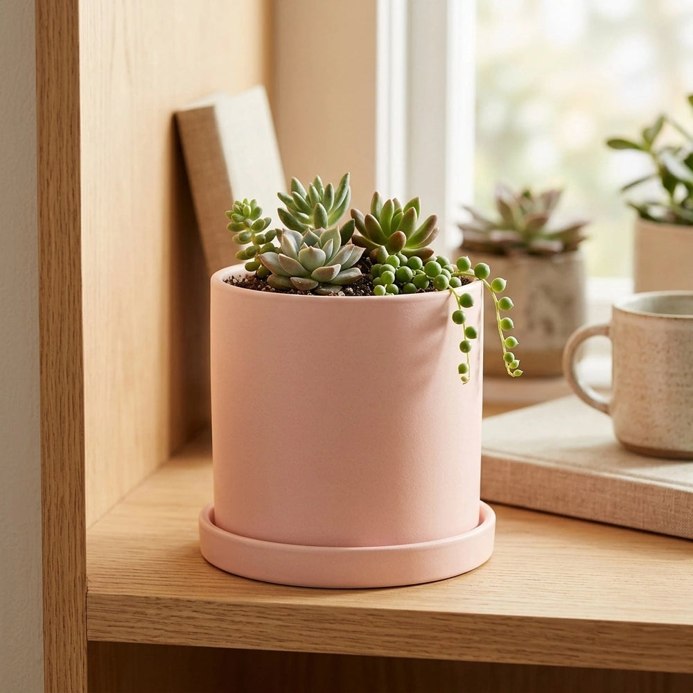Nordic Industrial Style Colorful Ceramic Flowerpot Succulent Planter Green Plants Cylindrical Shape Flower Pot With Hole Tray — Leather Pink-9X9X9 in a home setting; styling props not included. [fastbatch-51]
