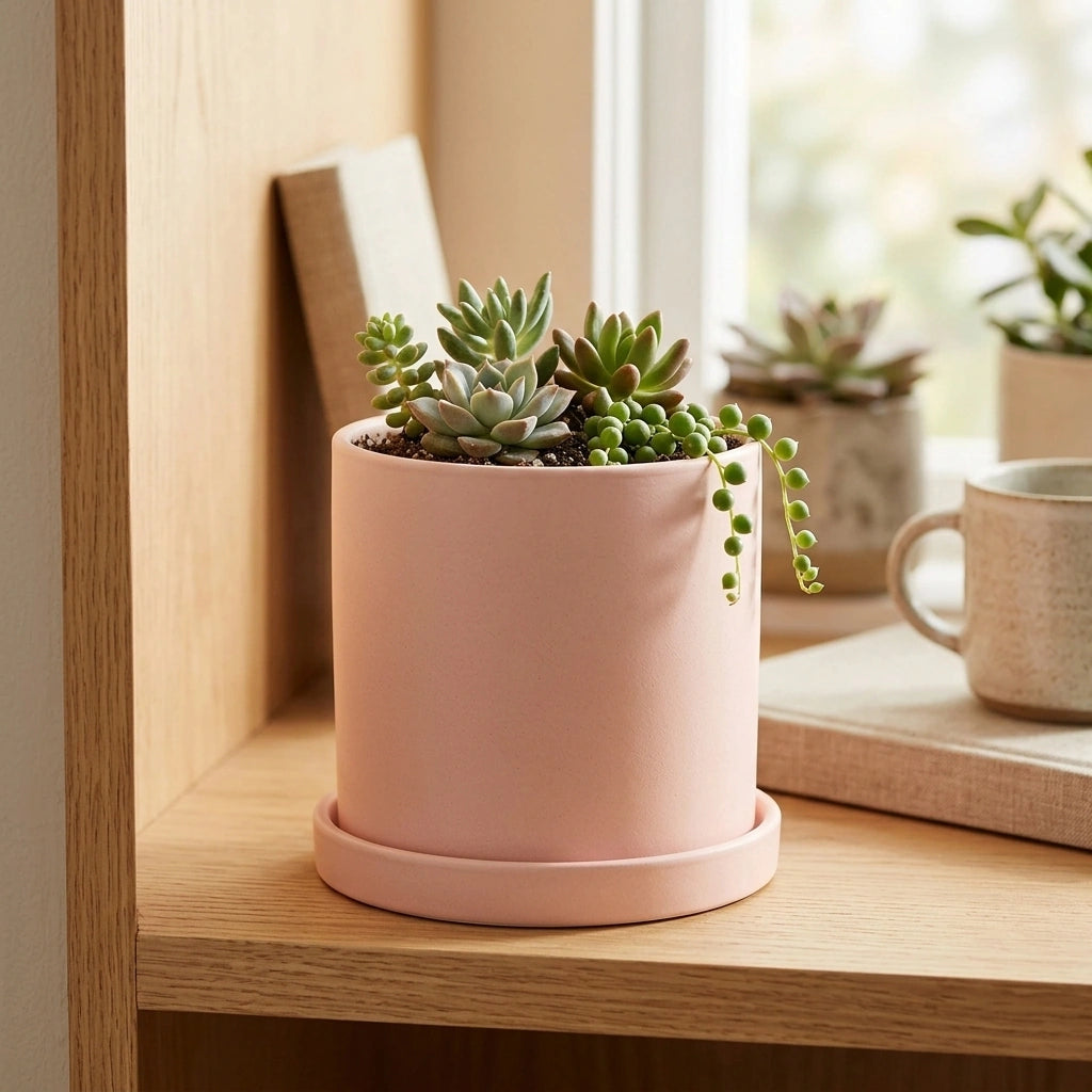 Nordic Industrial Style Colorful Ceramic Flowerpot Succulent Planter Green Plants Cylindrical Shape Flower Pot With Hole Tray — Leather Pink-9X9X9 in a home setting; styling props not included. [fastbatch-51]