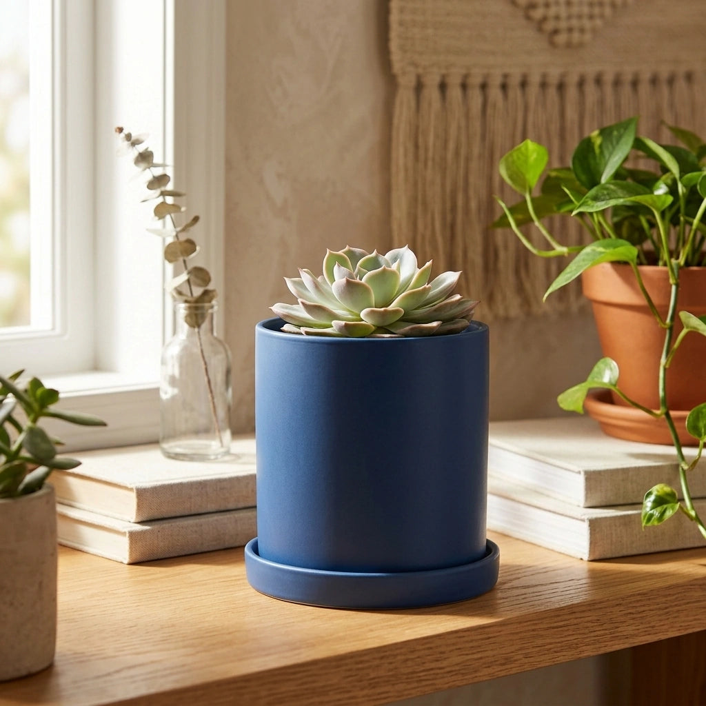 Nordic Industrial Style Colorful Ceramic Flowerpot Succulent Planter Green Plants Cylindrical Shape Flower Pot With Hole Tray — Navy Blue-9X9X9 in a home setting; styling props not included. [fastbatch-52]
