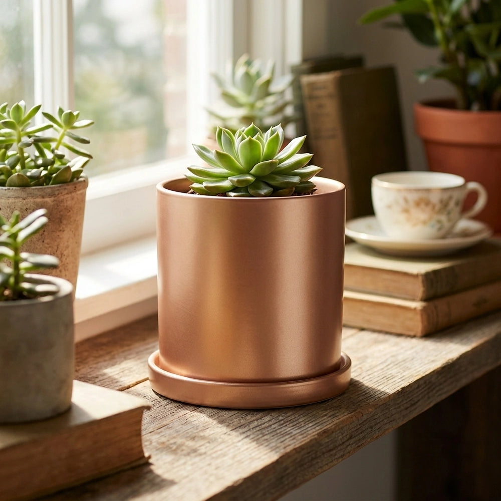 Nordic Industrial Style Colorful Ceramic Flowerpot Succulent Planter Green Plants Cylindrical Shape Flower Pot With Hole Tray — Gold-9X9X9 in a home setting; styling props not included. [fastbatch-53]