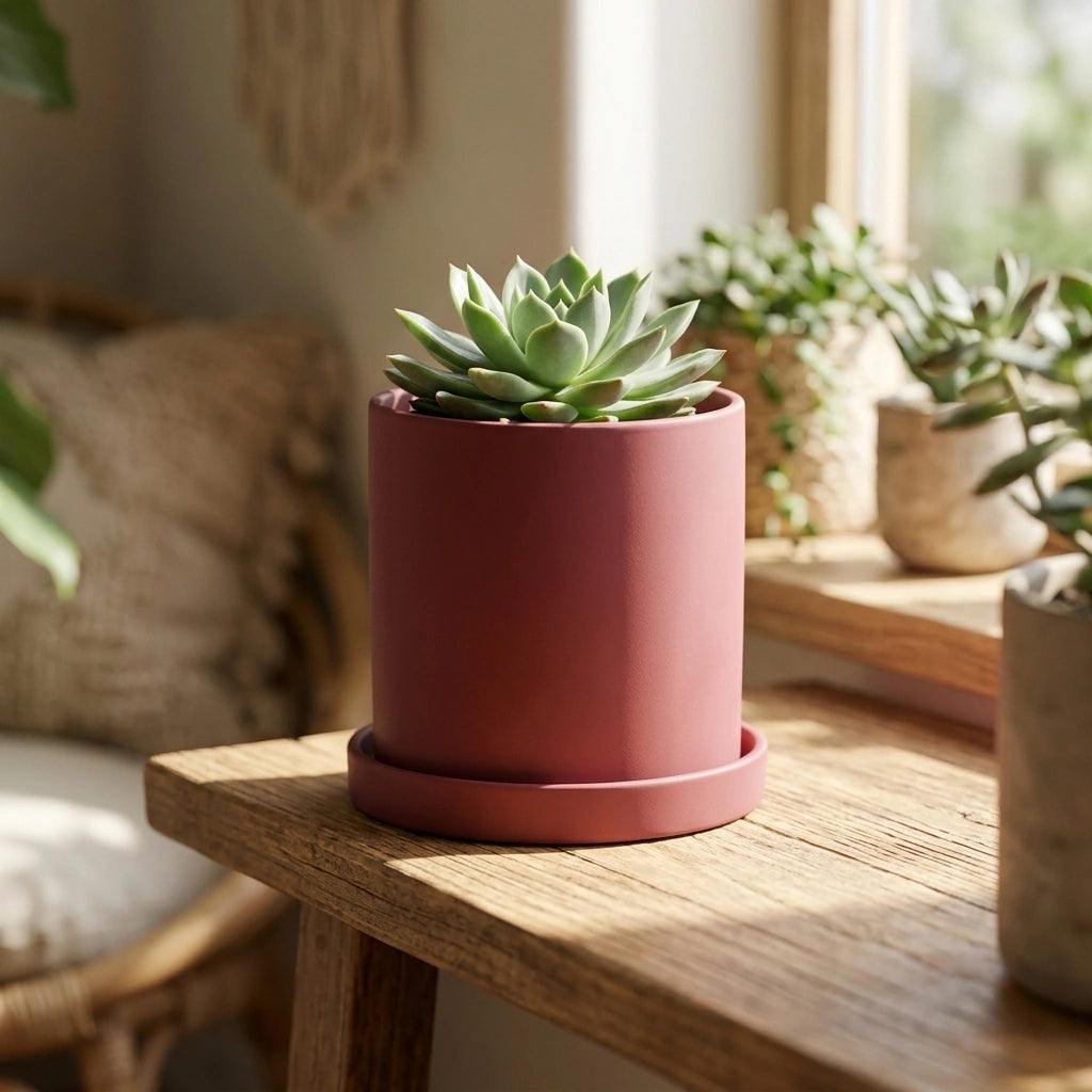 Nordic Industrial Style Colorful Ceramic Flowerpot Succulent Planter Green Plants Cylindrical Shape Flower Pot With Hole Tray — Dark Red-9X9X9 in a home setting; styling props not included. [fastbatch-54]
