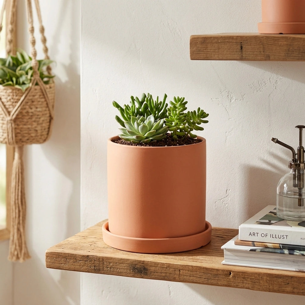 Nordic Industrial Style Colorful Ceramic Flowerpot Succulent Planter Green Plants Cylindrical Shape Flower Pot With Hole Tray — Dark orange-9X9X9 in a home setting; styling props not included. [fastbatch-55]