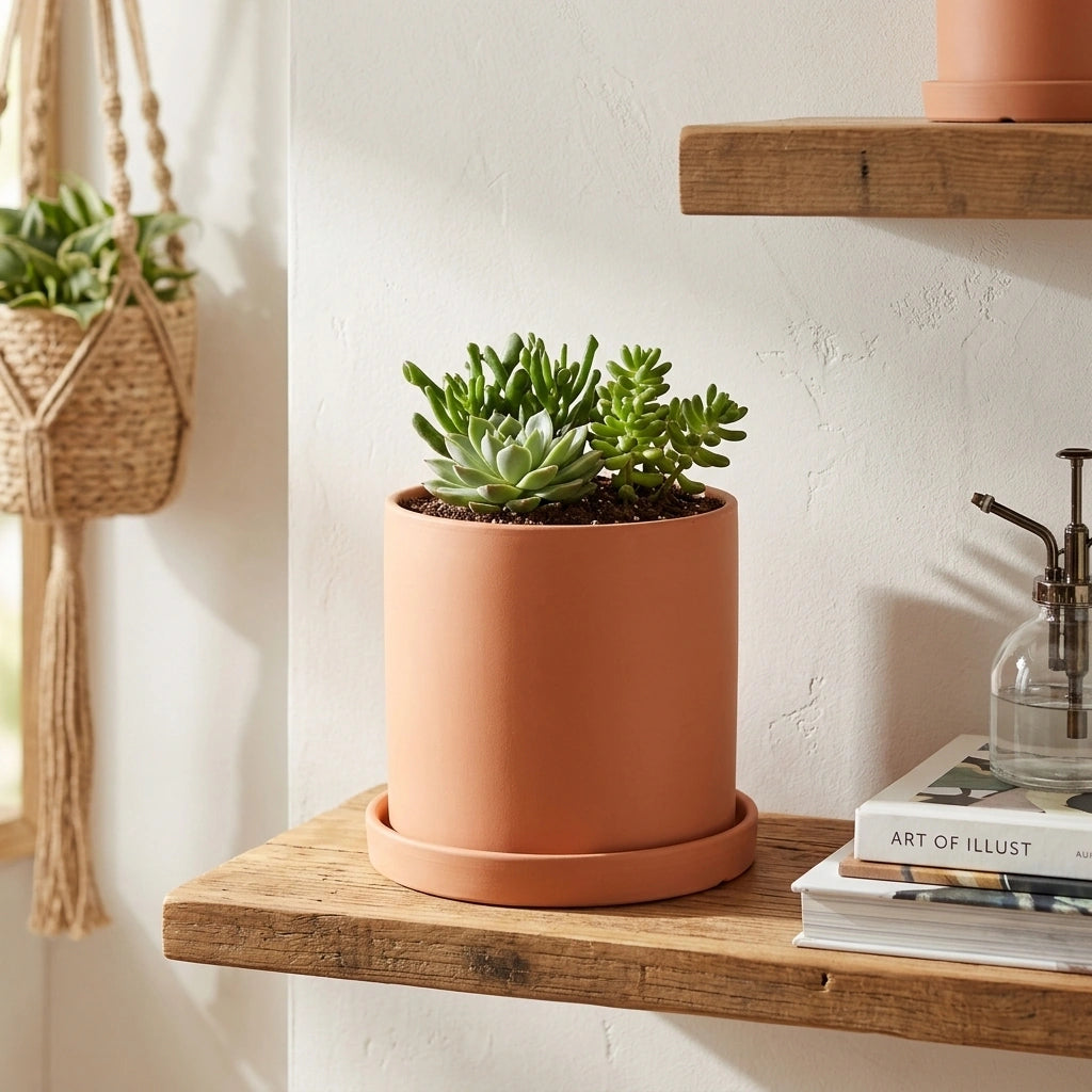 Nordic Industrial Style Colorful Ceramic Flowerpot Succulent Planter Green Plants Cylindrical Shape Flower Pot With Hole Tray — Dark orange-9X9X9 in a home setting; styling props not included. [fastbatch-55]