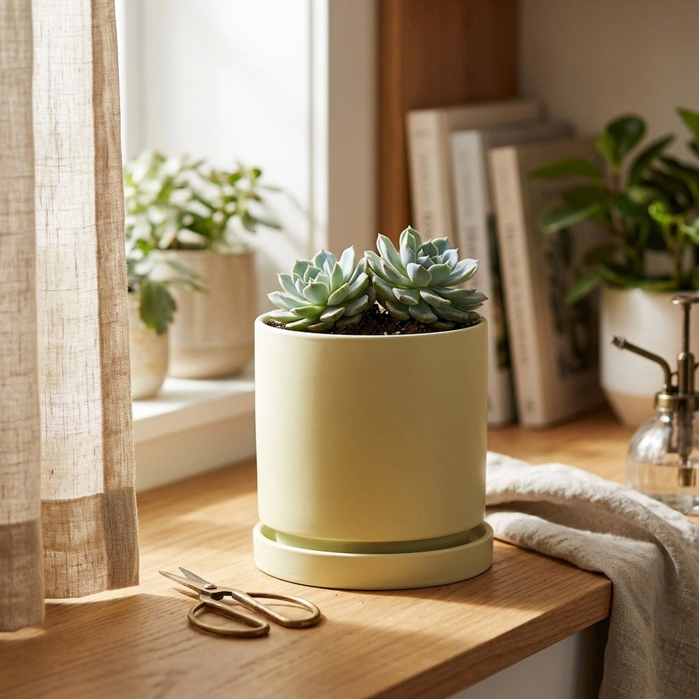 Nordic Industrial Style Colorful Ceramic Flowerpot Succulent Planter Green Plants Cylindrical Shape Flower Pot With Hole Tray — Matcha green-9X9X9 in a home setting; styling props not included. [fastbatch-56]