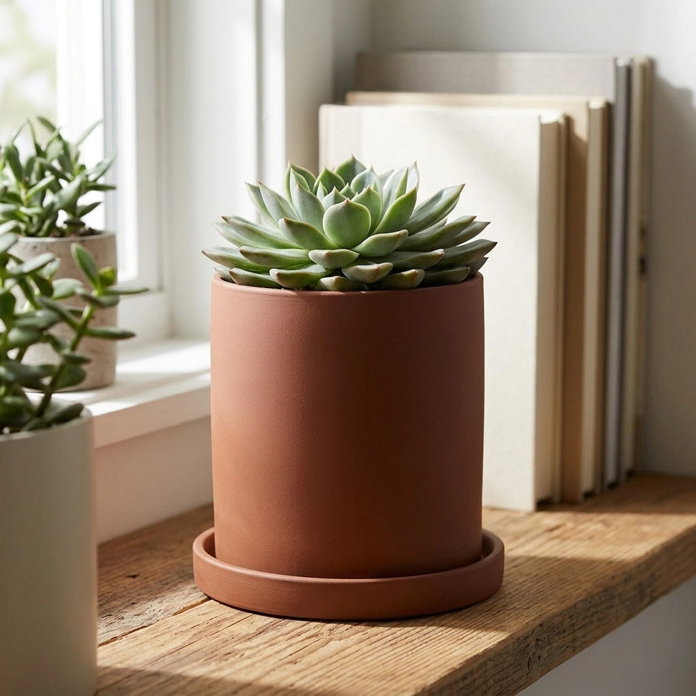 Nordic Industrial Style Colorful Ceramic Flowerpot Succulent Planter Green Plants Cylindrical Shape Flower Pot With Hole Tray — Brown-9X9X9 in a home setting; styling props not included. [fastbatch-57]
