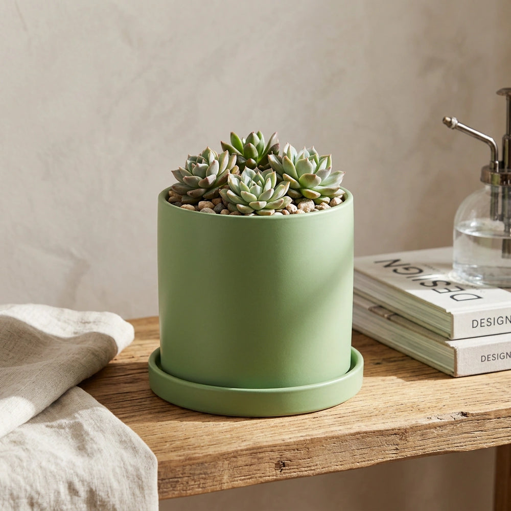 Nordic Industrial Style Colorful Ceramic Flowerpot Succulent Planter Green Plants Cylindrical Shape Flower Pot With Hole Tray — Light Green-20x20x20 in a home setting; styling props not included. [fastbatch-58]