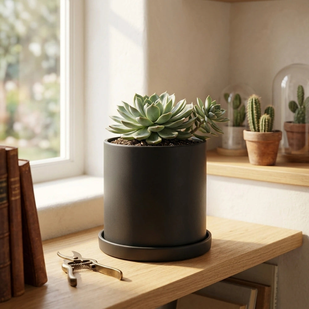 Nordic Industrial Style Colorful Ceramic Flowerpot Succulent Planter Green Plants Cylindrical Shape Flower Pot With Hole Tray — Black-20x20x20 in a home setting; styling props not included. [fastbatch-59]