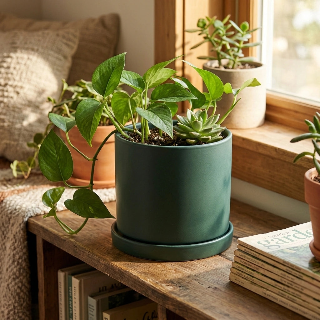 Nordic Industrial Style Colorful Ceramic Flowerpot Succulent Planter Green Plants Cylindrical Shape Flower Pot With Hole Tray — Dark green-20x20x20 in a home setting; styling props not included. [fastbatch-60]
