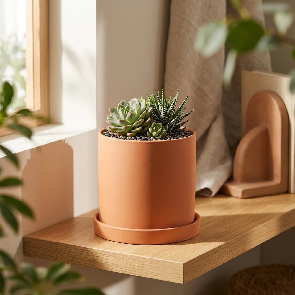Nordic Industrial Style Colorful Ceramic Flowerpot Succulent Planter Green Plants Cylindrical Shape Flower Pot With Hole Tray — Dark orange-20x20x20 in a home setting; styling props not included. [fastbatch-61]
