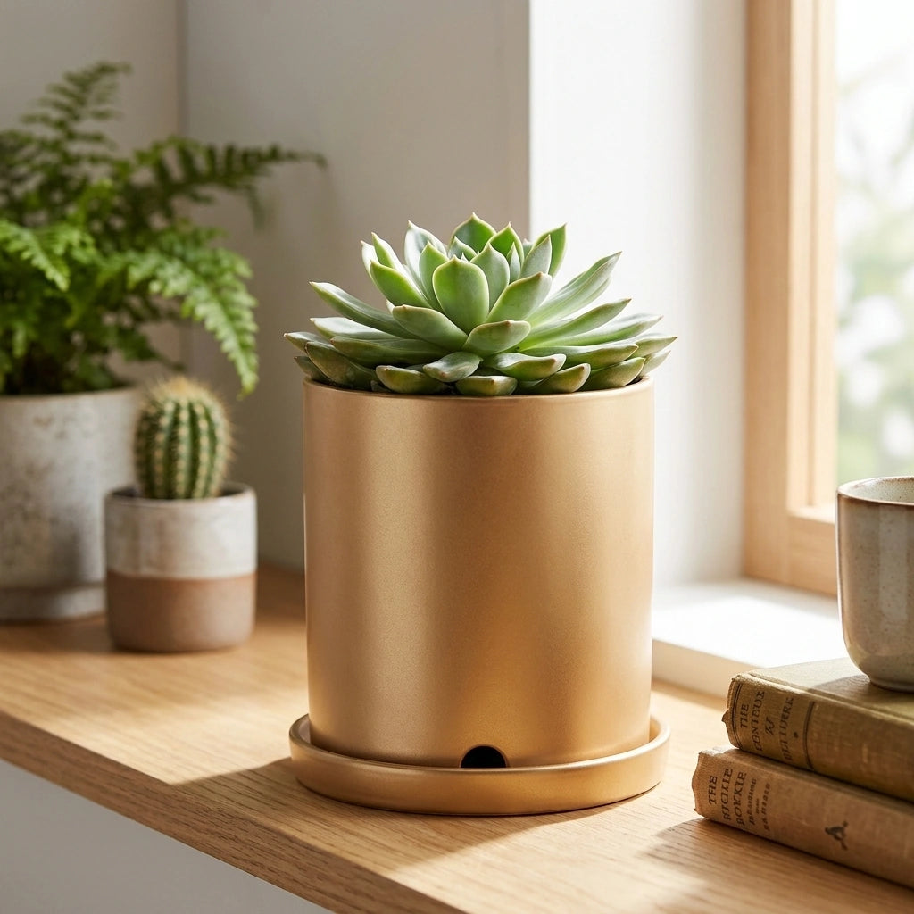 Nordic Industrial Style Colorful Ceramic Flowerpot Succulent Planter Green Plants Cylindrical Shape Flower Pot With Hole Tray — Gold-20x20x20 in a home setting; styling props not included. [fastbatch-62]