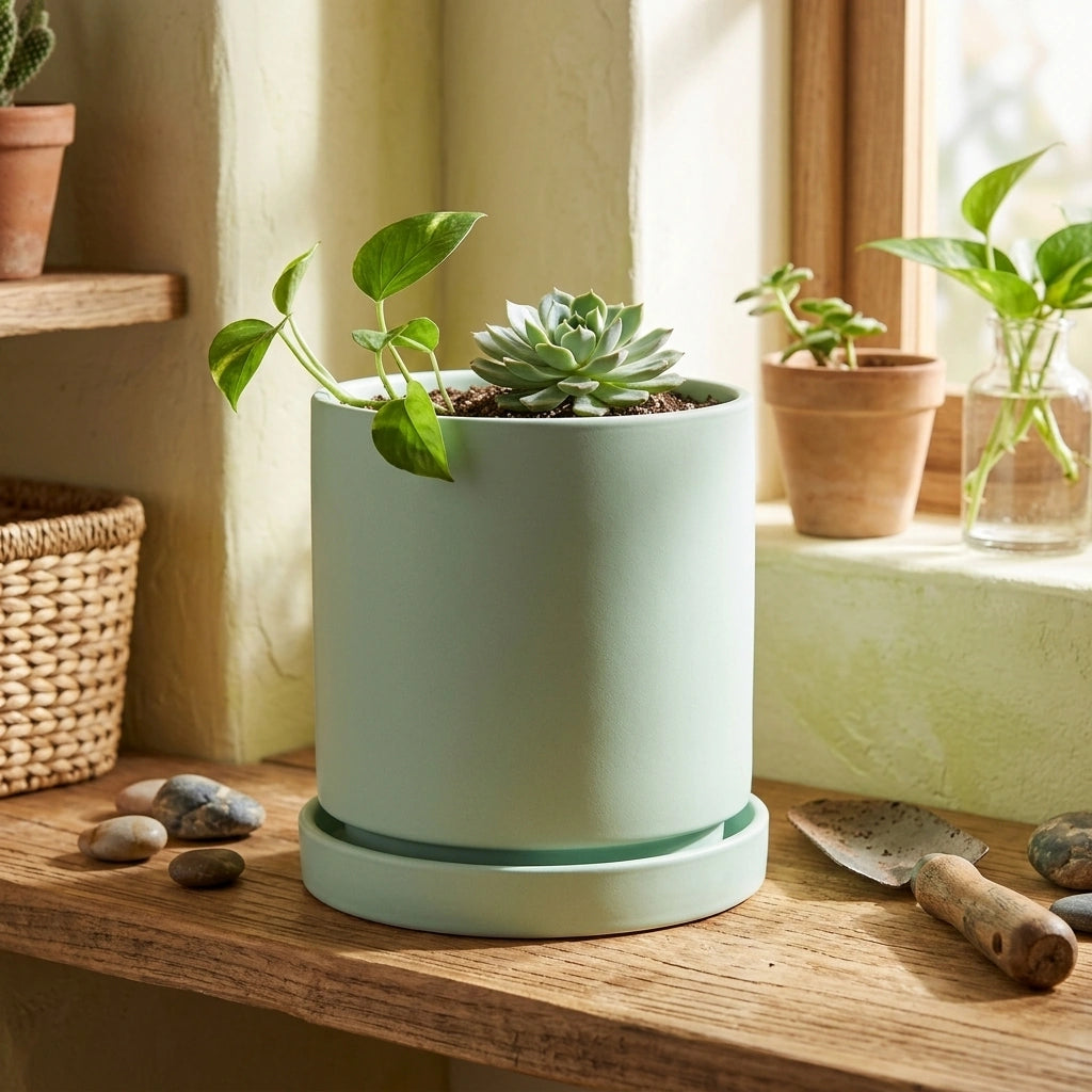 Nordic Industrial Style Colorful Ceramic Flowerpot Succulent Planter Green Plants Cylindrical Shape Flower Pot With Hole Tray — Green-20x20x20 in a home setting; styling props not included. [fastbatch-63]