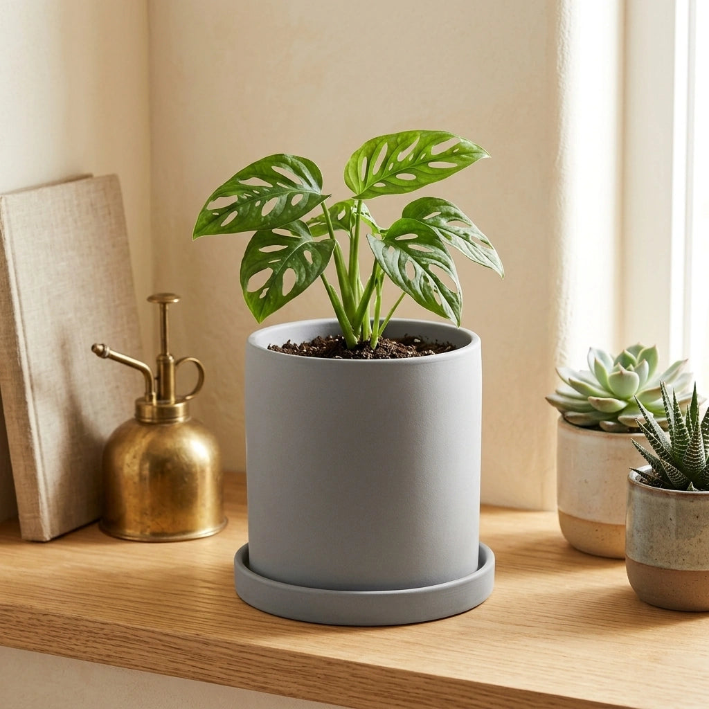 Nordic Industrial Style Colorful Ceramic Flowerpot Succulent Planter Green Plants Cylindrical Shape Flower Pot With Hole Tray — Grey-20x20x20 in a home setting; styling props not included. [fastbatch-64]