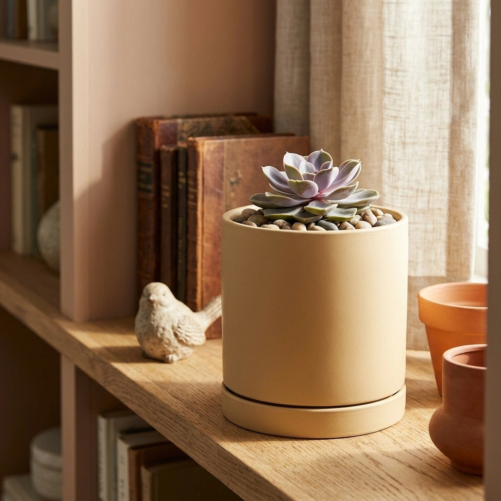Nordic Industrial Style Colorful Ceramic Flowerpot Succulent Planter Green Plants Cylindrical Shape Flower Pot With Hole Tray — Khaki-20x20x20 in a home setting; styling props not included. [fastbatch-65]