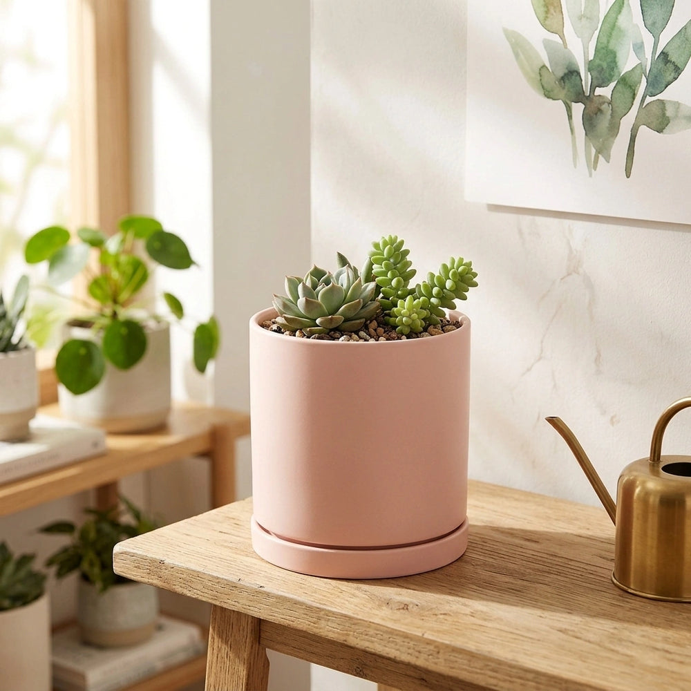 Nordic Industrial Style Colorful Ceramic Flowerpot Succulent Planter Green Plants Cylindrical Shape Flower Pot With Hole Tray — Leather Pink-20x20x20 in a home setting; styling props not included. [fastbatch-66]