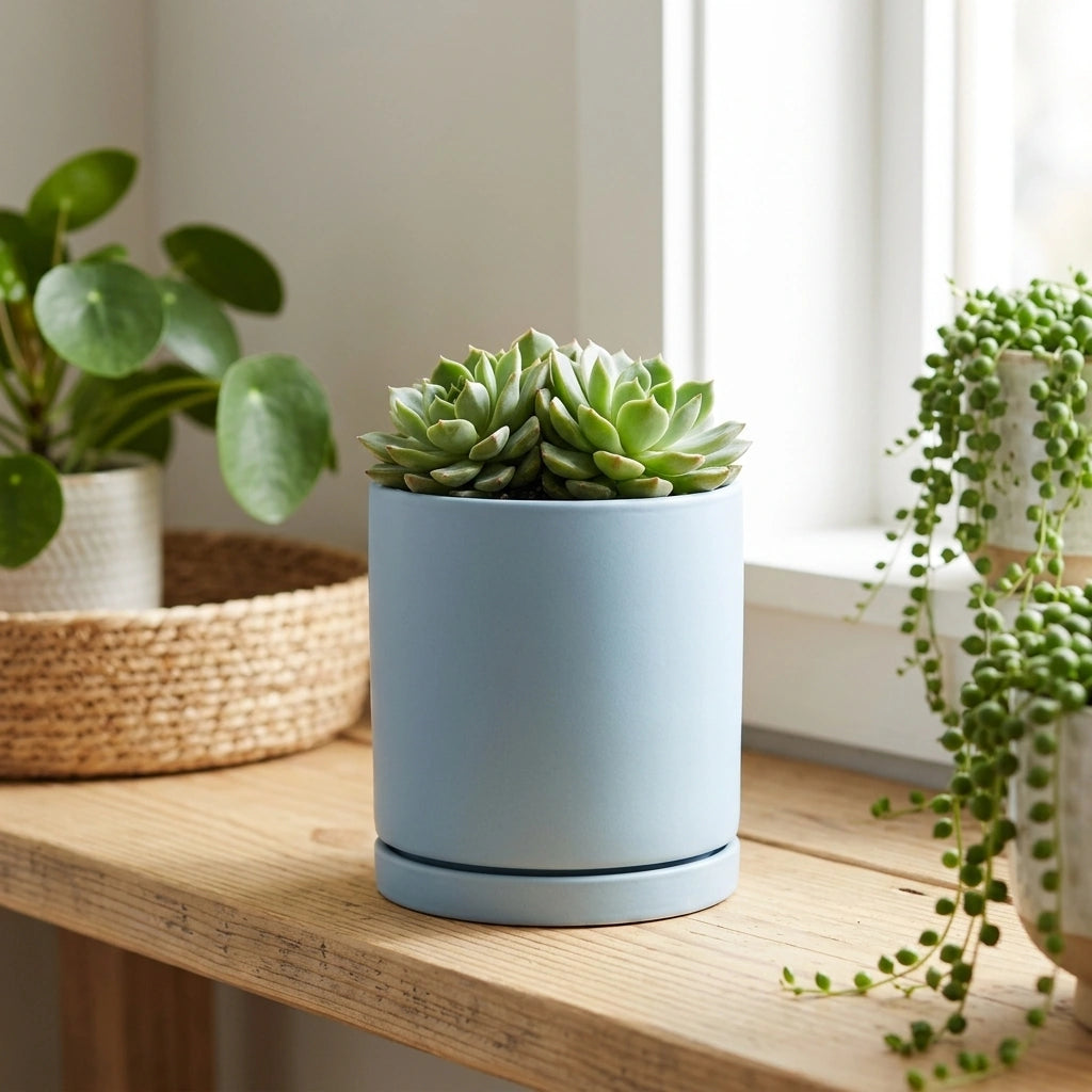 Nordic Industrial Style Colorful Ceramic Flowerpot Succulent Planter Green Plants Cylindrical Shape Flower Pot With Hole Tray — Light Blue-20x20x20 in a home setting; styling props not included. [fastbatch-67]