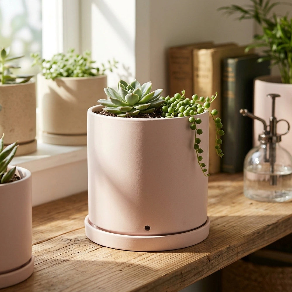 Nordic Industrial Style Colorful Ceramic Flowerpot Succulent Planter Green Plants Cylindrical Shape Flower Pot With Hole Tray — Light pink-20x20x20 in a home setting; styling props not included. [fastbatch-68]
