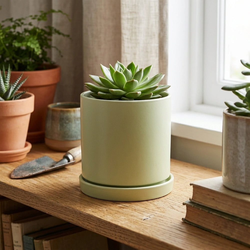 Nordic Industrial Style Colorful Ceramic Flowerpot Succulent Planter Green Plants Cylindrical Shape Flower Pot With Hole Tray — Matcha green-20x20x20 in a home setting; styling props not included. [fastbatch-69]