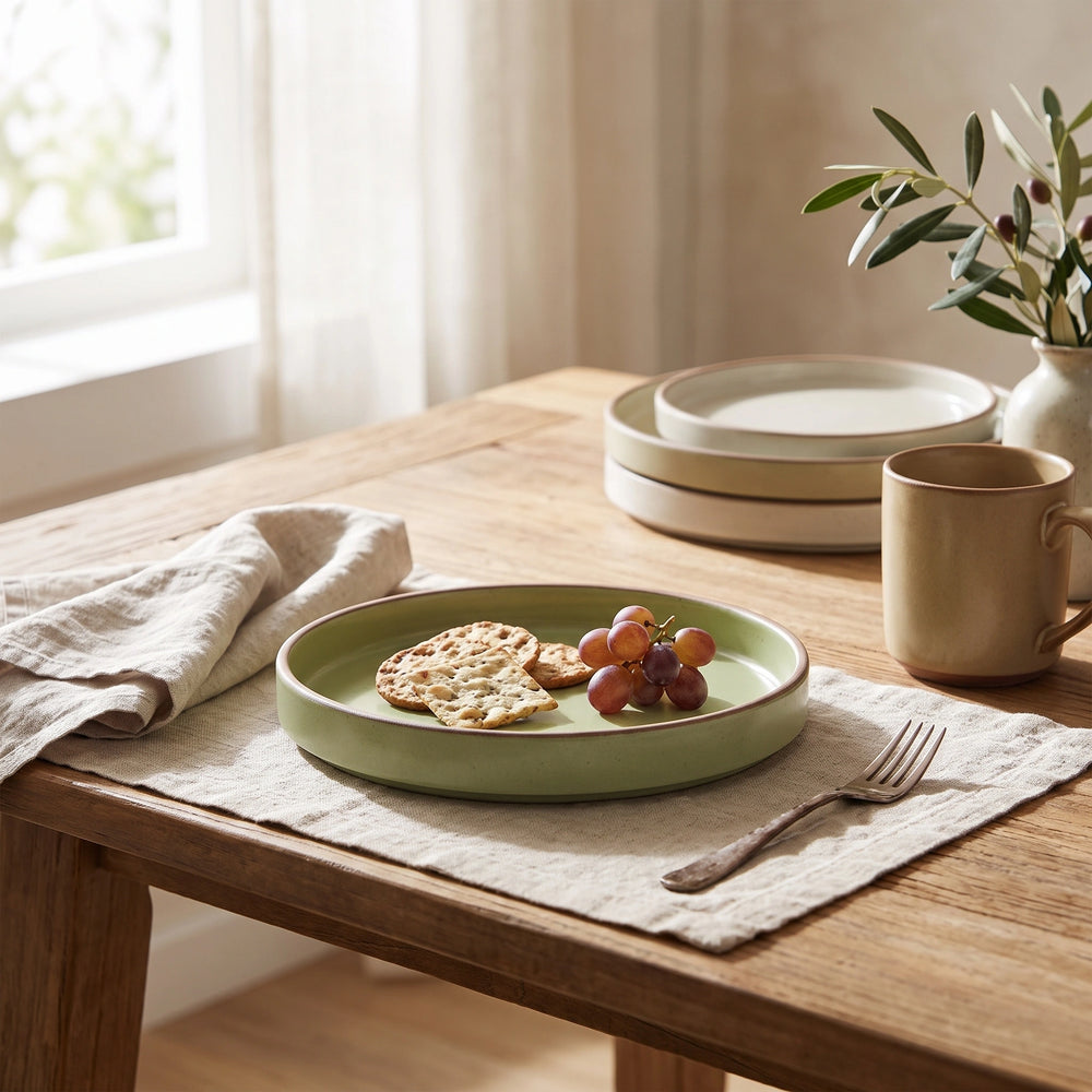 Solid-Color Ceramic Bowls and Plates — Cyan-8inches in a home setting; styling props not included.